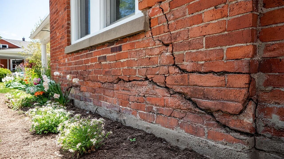Cracked red brick wall of a house with a visible foundation issue. Colorful garden flowers grow beside it under a clear sky.
