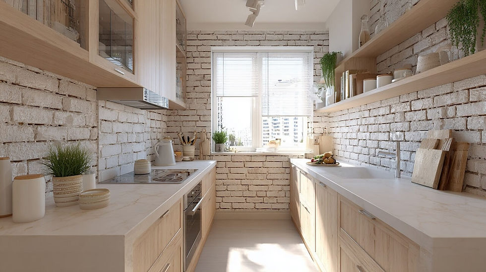 Bright kitchen with white brick walls, wooden cabinets, plants, and kitchenware on countertops. Sunlight streams through a window. Cozy mood.