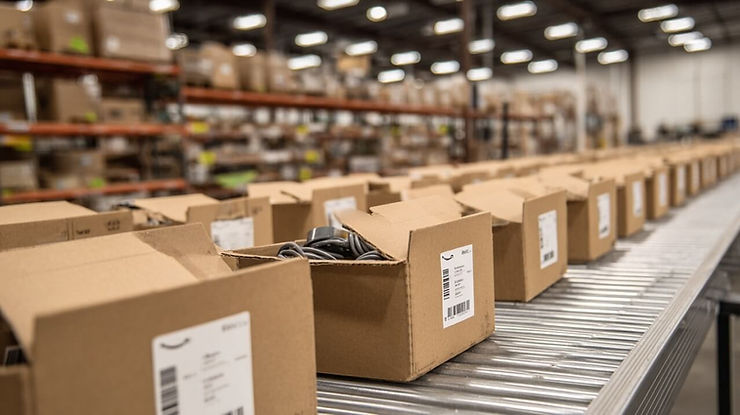 Cardboard boxes with labels are lined up on a conveyor belt in a warehouse. Shelves with more boxes fill the background, creating a busy atmosphere.