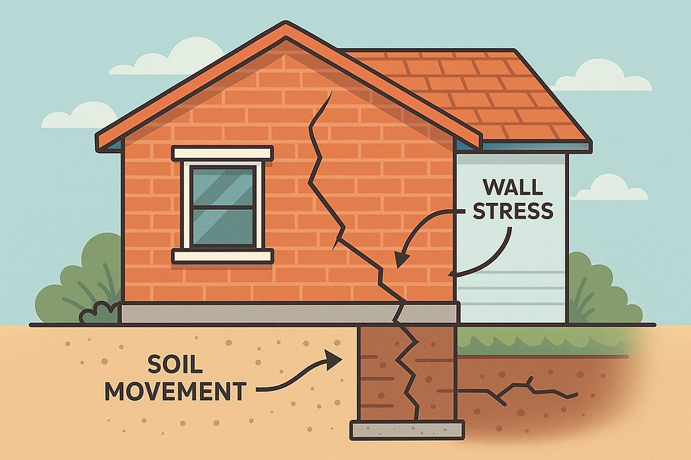 Illustration of a house with a cracked foundation and wall due to soil movement. Labels: "Wall Stress" and "Soil Movement." Blue sky, clouds.