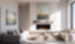 Modern living room with two beige sofas, a lit fireplace, abstract paintings, and large windows. Sunlight filters in, creating a cozy mood.
