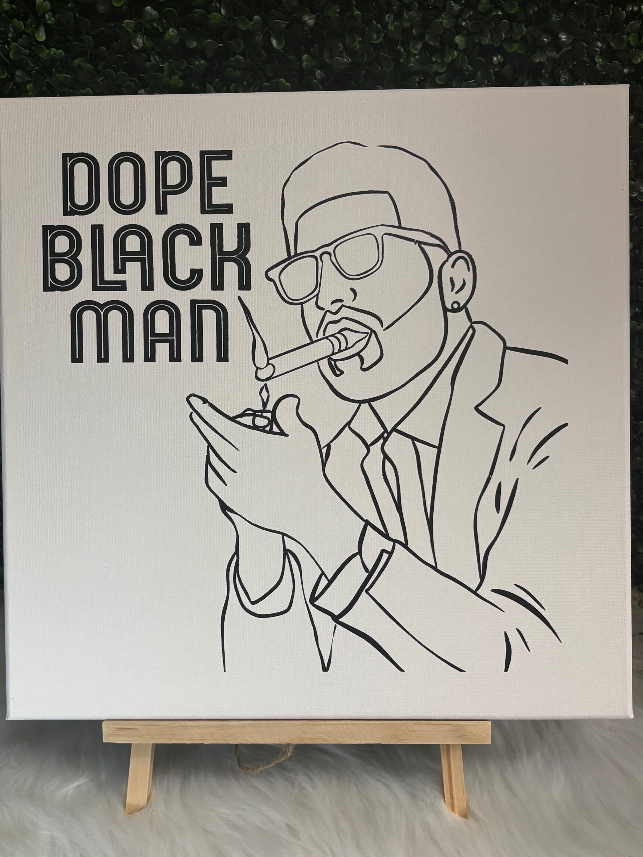 Pre-outlined Sip and Paint canvas featuring minimalist line art of a stylish Black man with “Dope Black Man” text