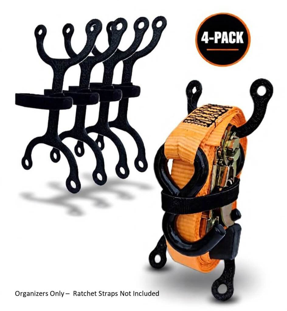 Regular Ratchet Strap Organizer 4-Pack for tangle-free ratchet strap storage in garages, trucks, and trailers.