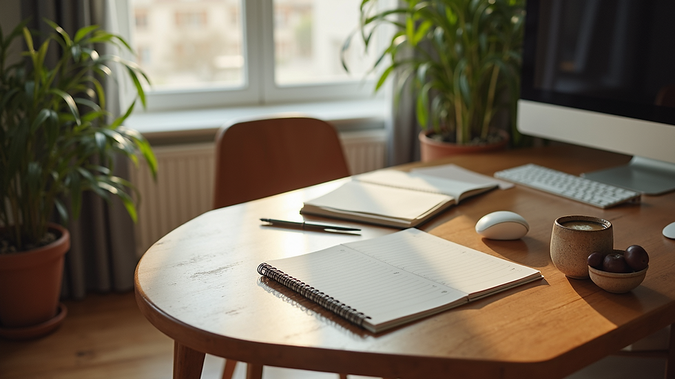 High angle view of a cozy home office setup with natural light
