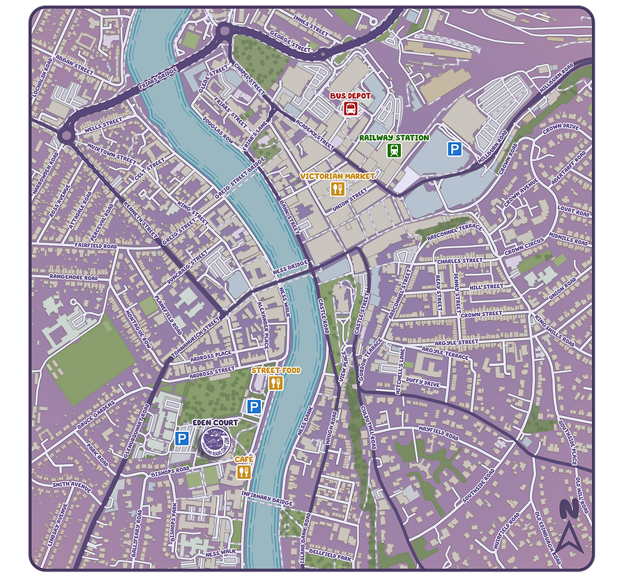 Map of Inverness showing Eden Court, parking, and food venues