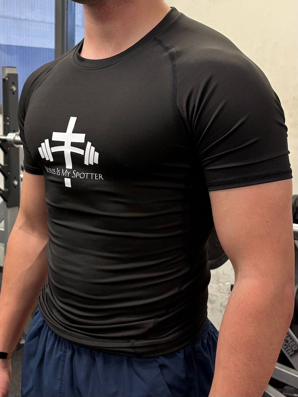 Thumbnail: Black compression t-shirt with Jesus Is My Spotter logo