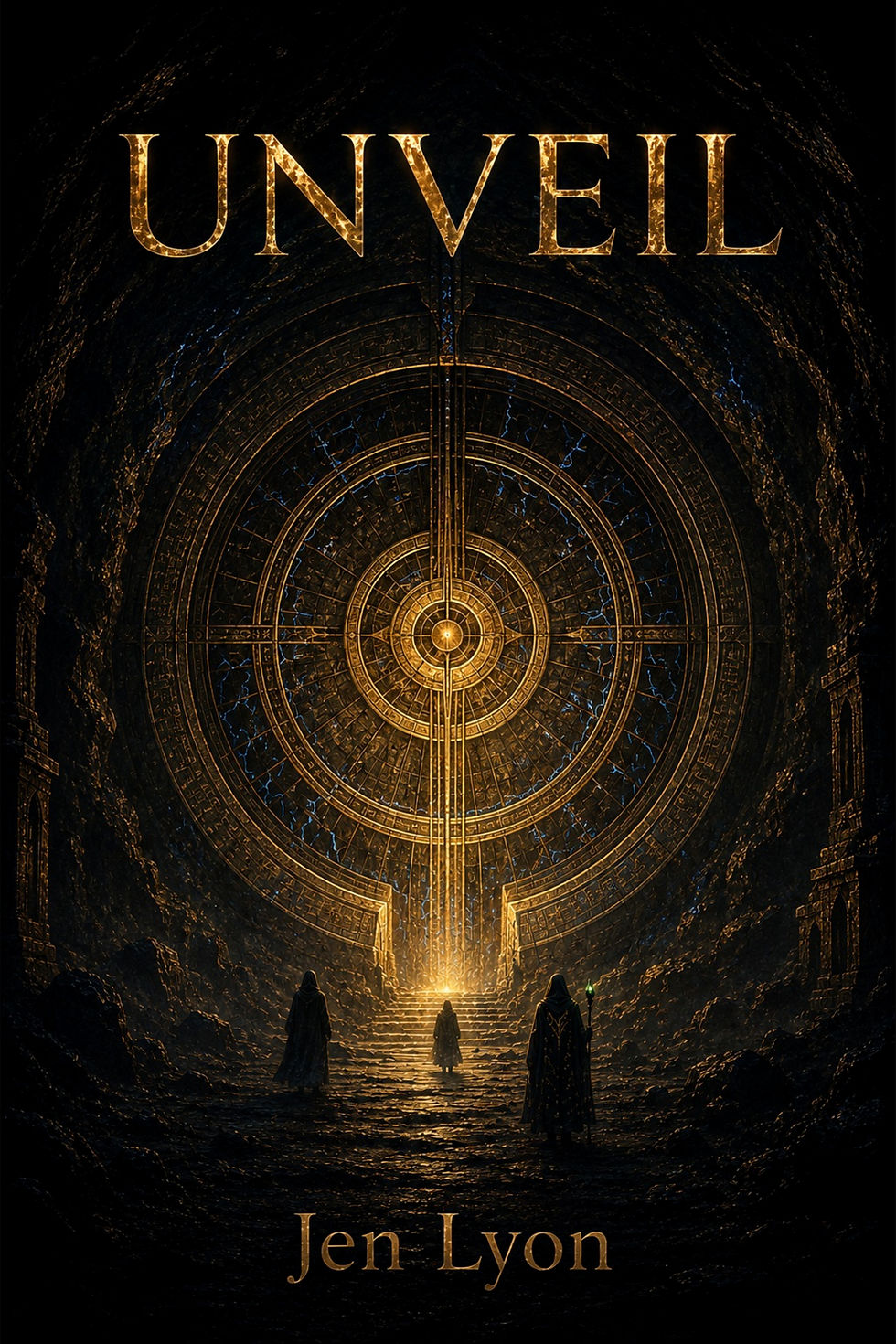 Cover for UNVEIL, a large compass is acting as a gate to the universes. Three cloaked figures are approacing it, one has gree