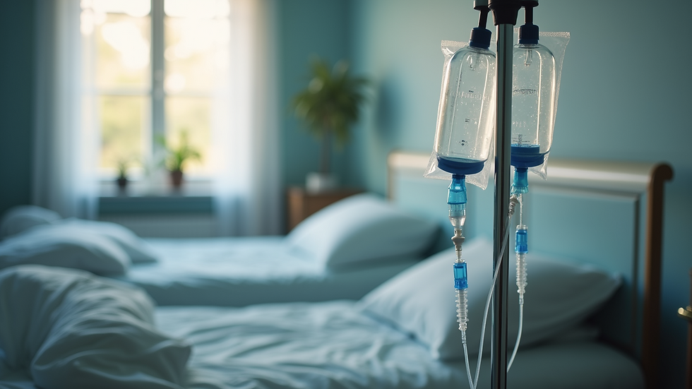 Close-up view of a mobile IV therapy setup in a home environment