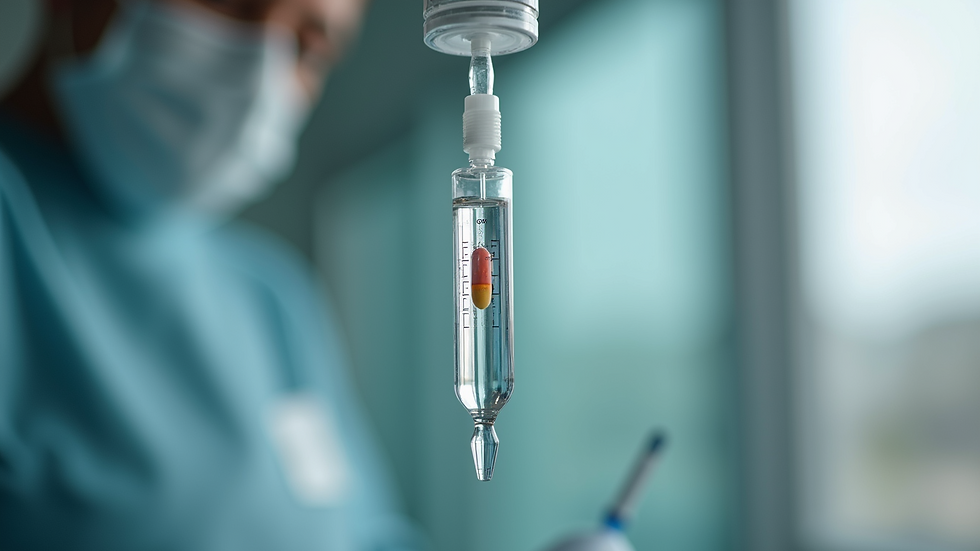 Close-up view of vitamin infusion drip with clear liquid