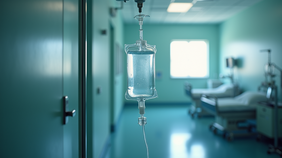 Eye-level view of IV drip bag hanging in a clinical setting