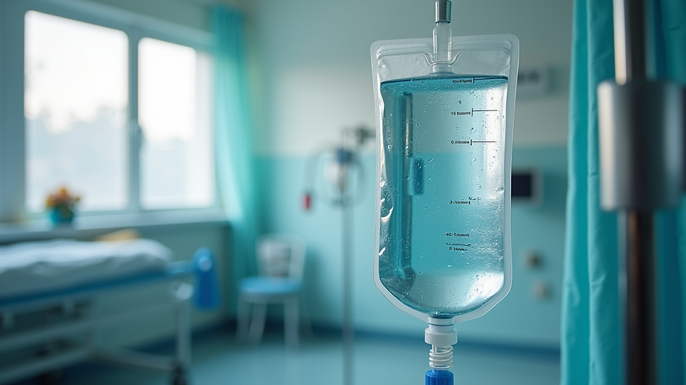 Close-up view of a hydration infusion setup with IV bag and equipment