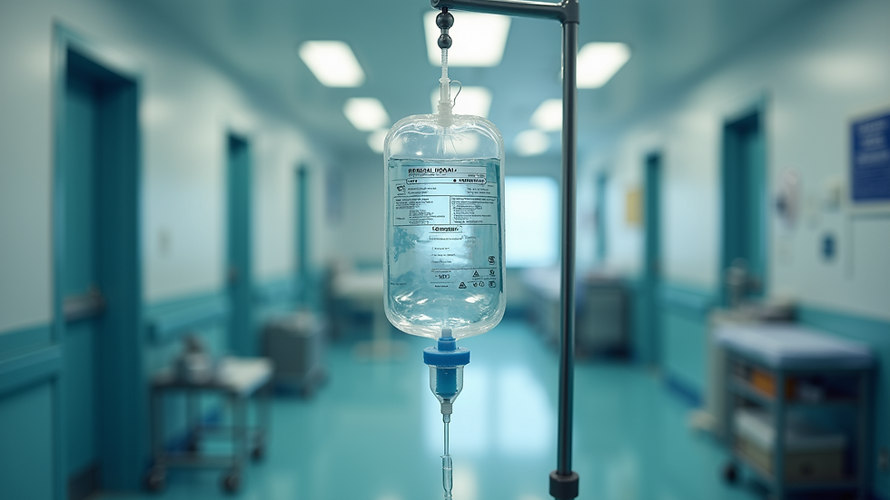 Eye-level view of IV bag hanging on a stand in a clinical setting