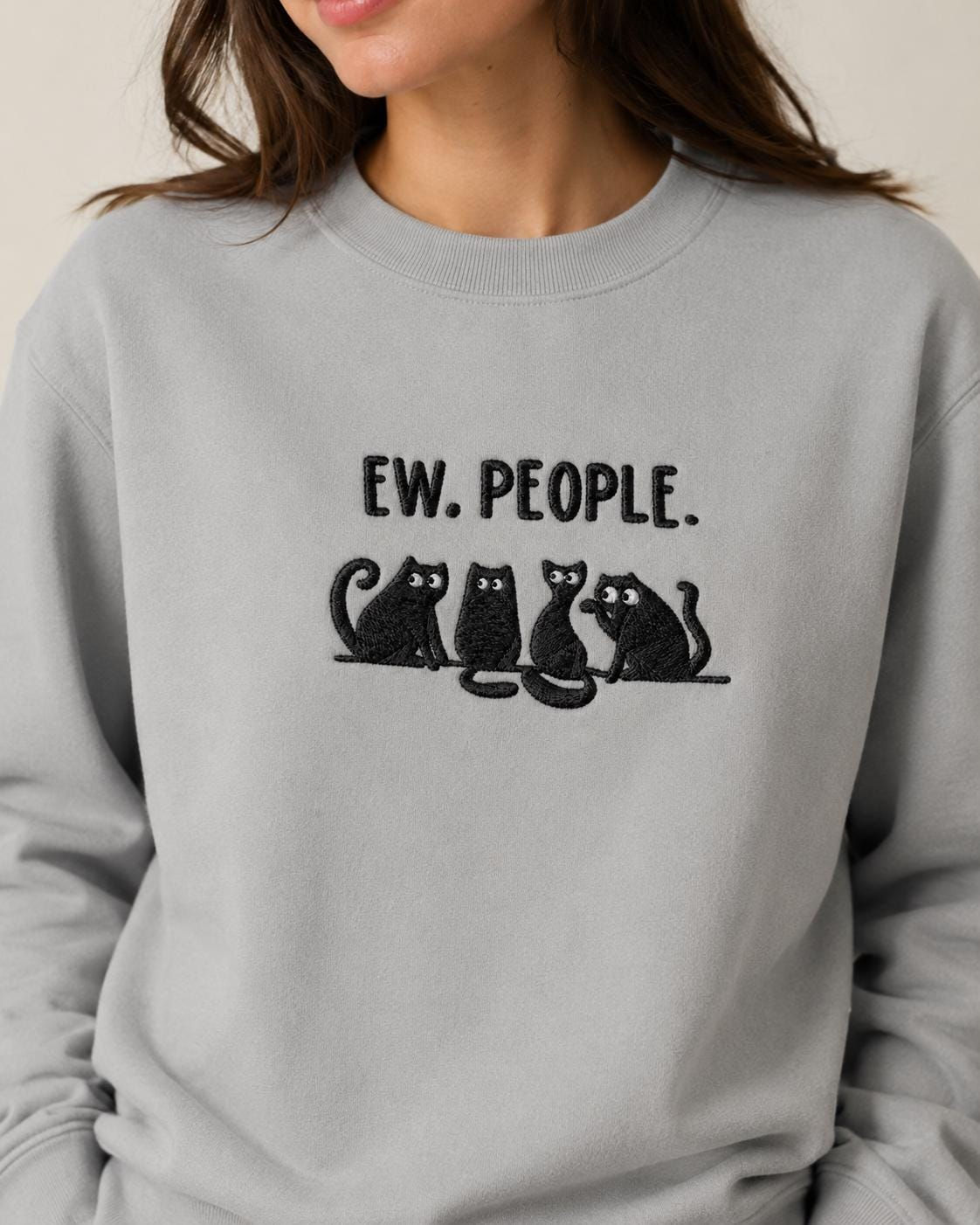 Embroidered Cat Sweatshirt, Organic Cotton Crewneck, Funny Introvert Gift