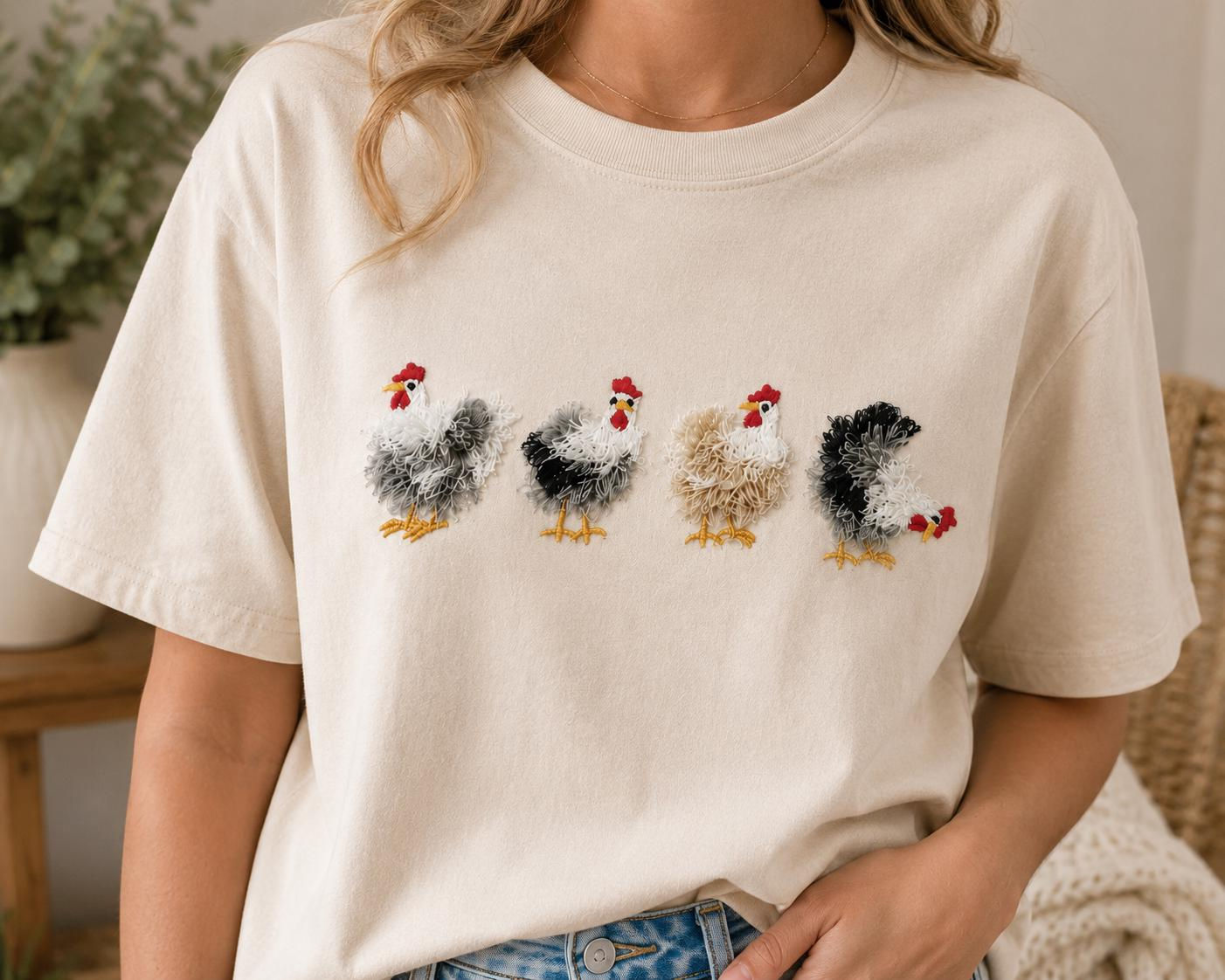 Embroidered Fluffy Chickens T-Shirt | Organic Cotton Unisex Tee, Farmhouse Style