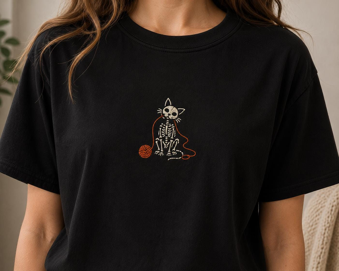 Skeleton Cat Embroidered T-Shirt | Organic Cotton Gothic Halloween Tee