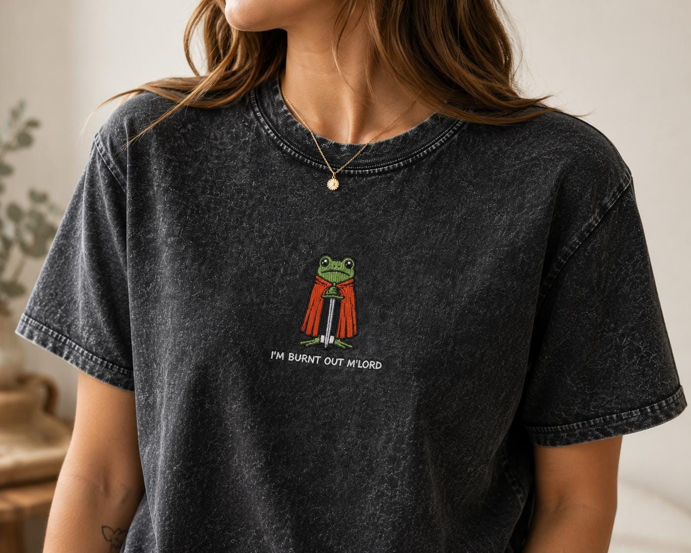 Burnt Out Frog Embroidered T-Shirt | Medieval Frog Tee