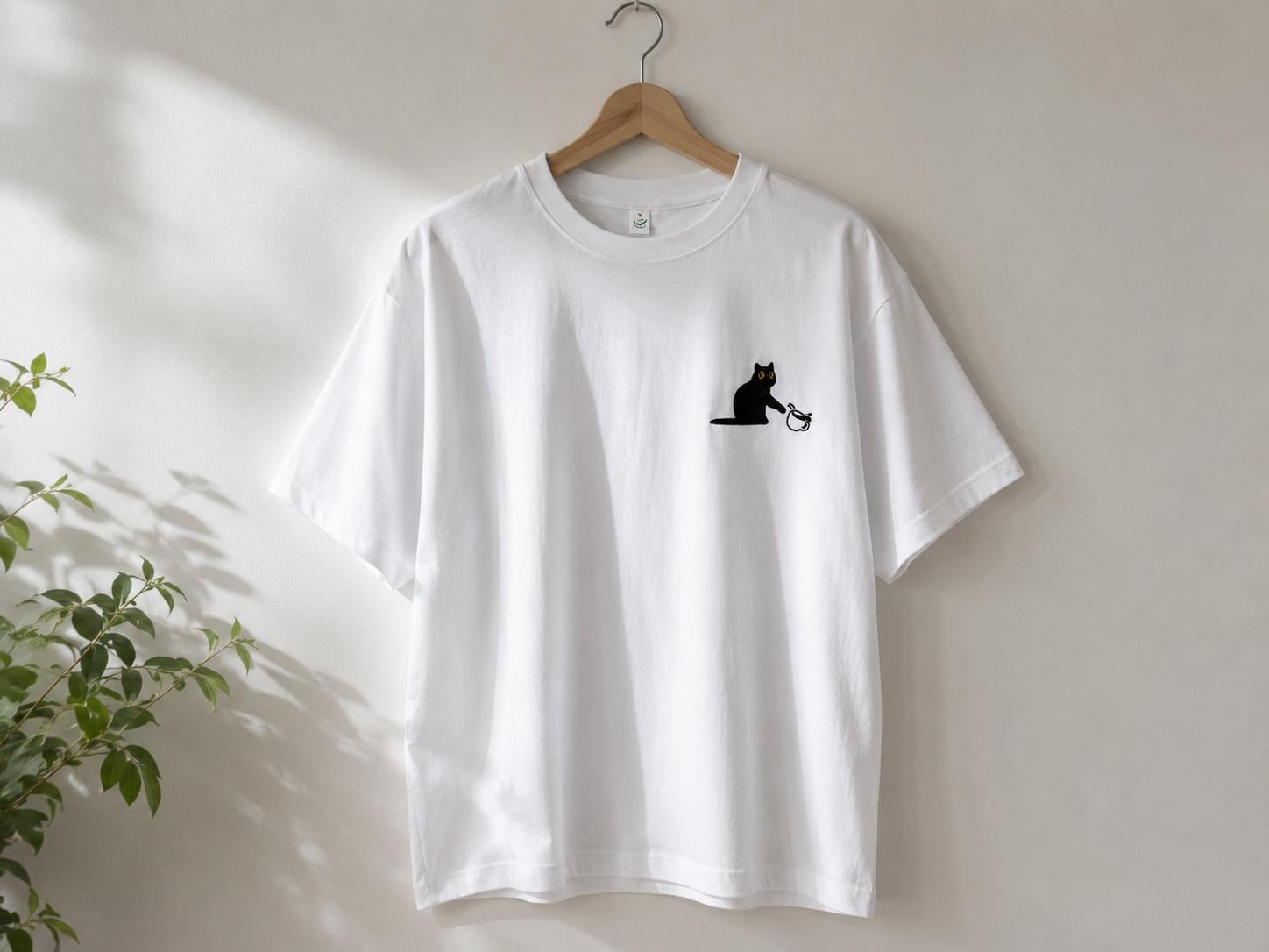 Black Cat Embroidered T-Shirt | Organic Cotton Minimalist Tee