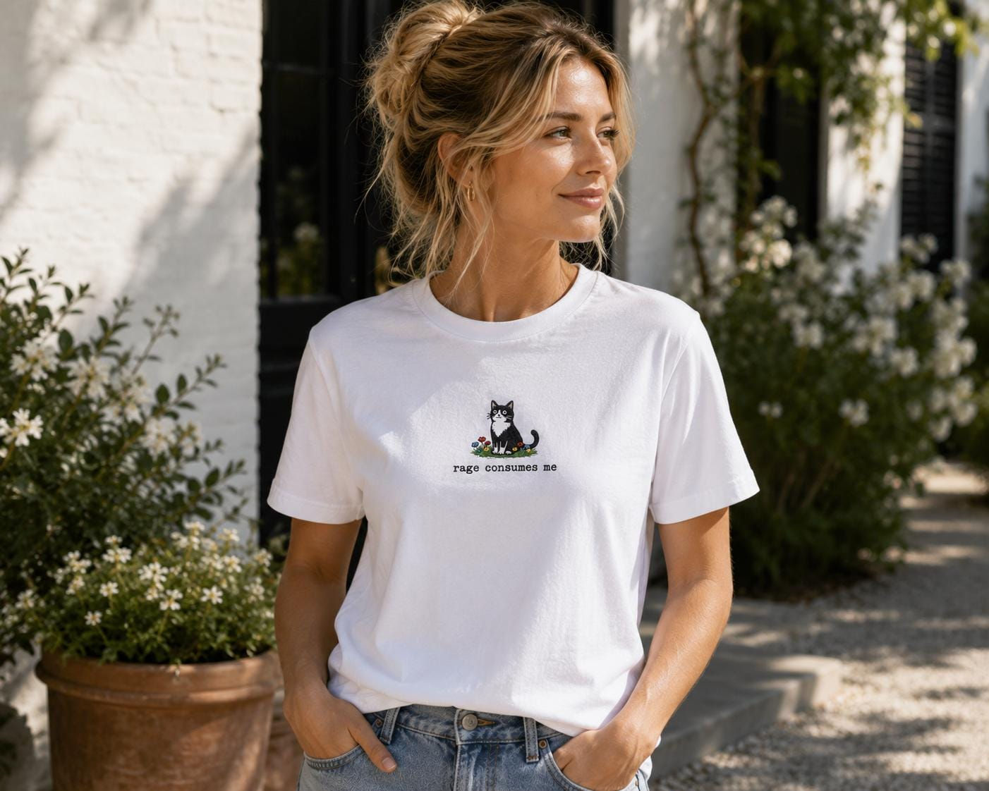Embroidered Cat T-Shirt | Rage Consumes Me, Organic Cotton Unisex Tee