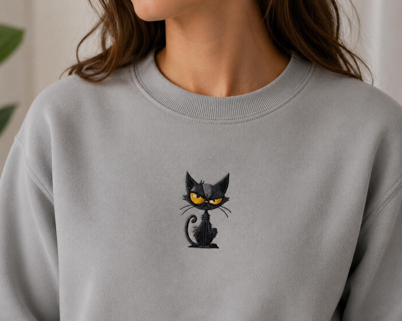 Black Cat Embroidered Sweatshirt | Organic Cotton Unisex Crewneck
