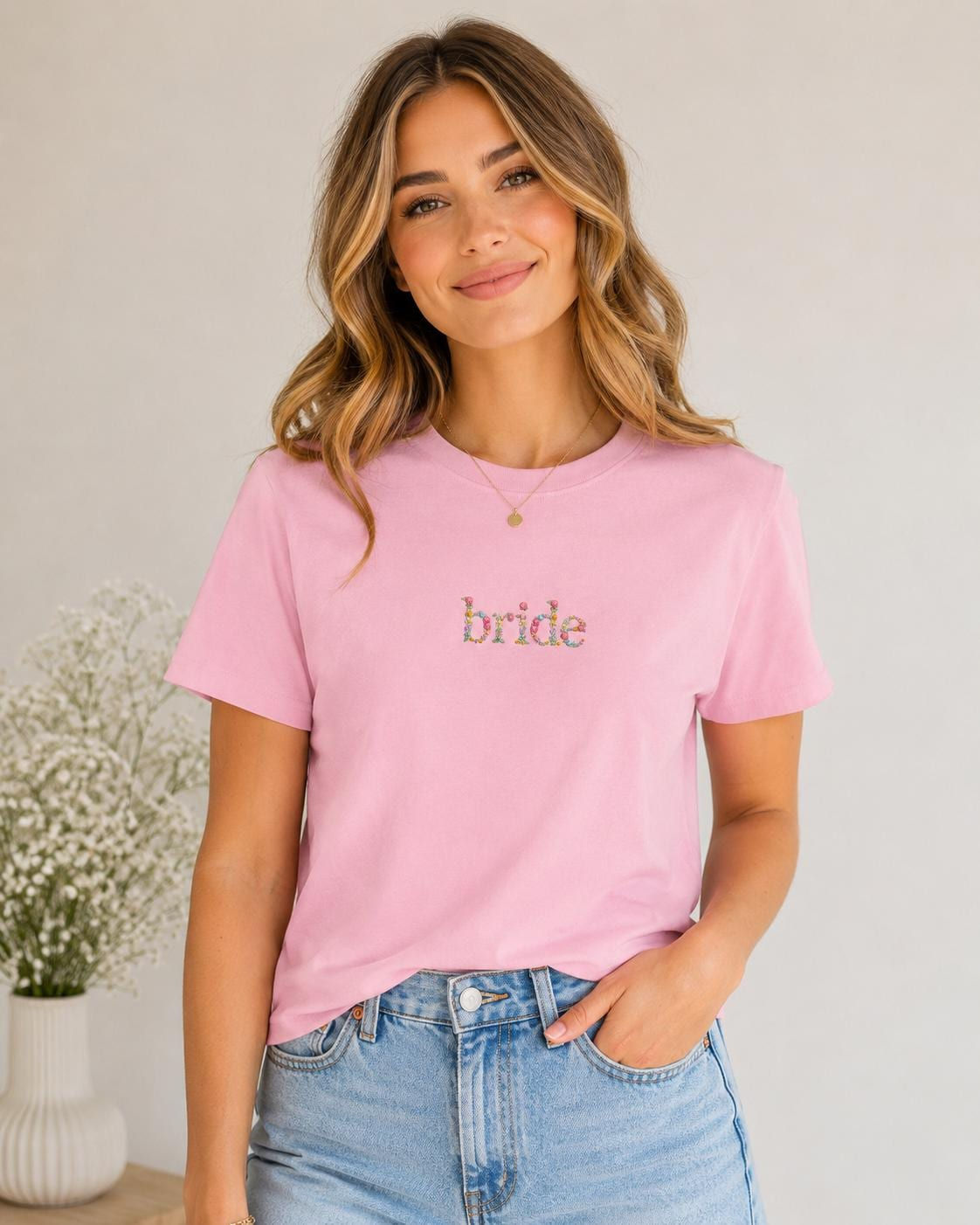 Floral Embroidered Bride T-Shirt | Organic Cotton Bachelorette Tee