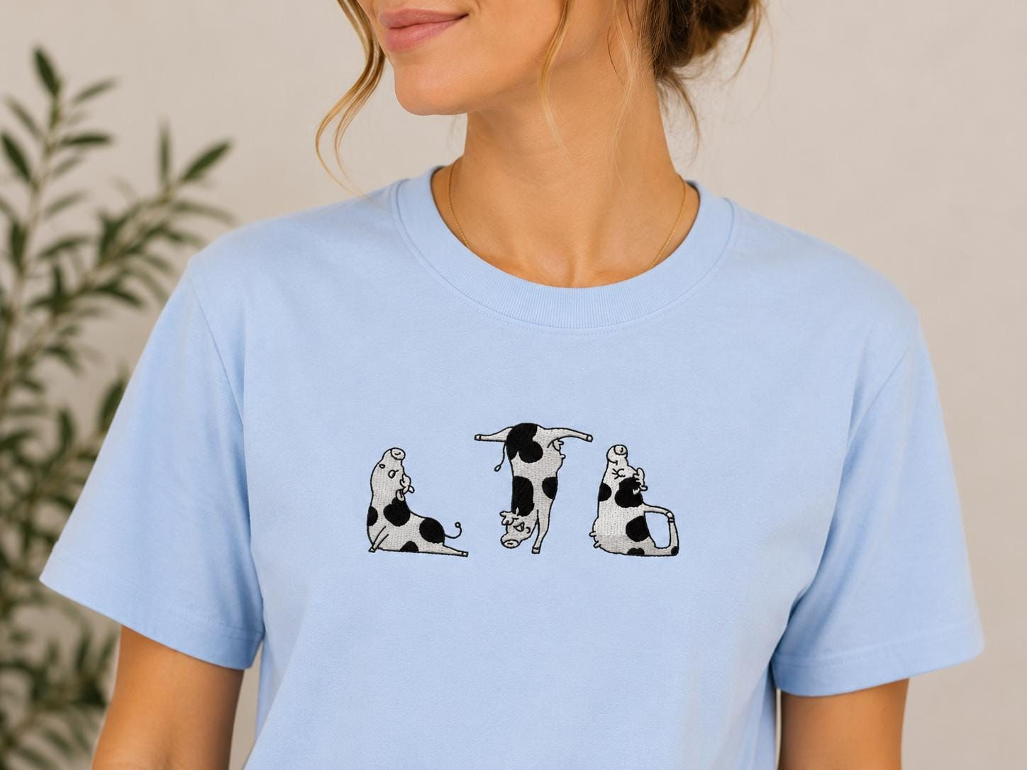 Embroidered Cow Yoga Tee | Organic Cotton Unisex Shirt, Farmcore Style