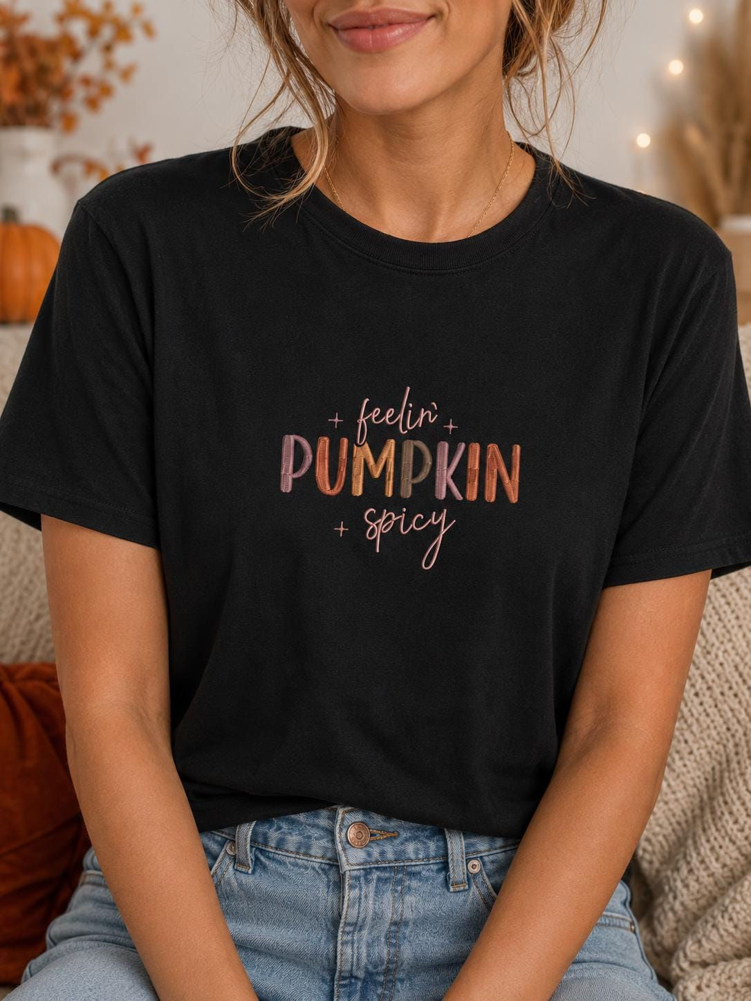 Feelin' Pumpkin Spicy Embroidered T-Shirt | Organic Cotton Unisex Fall Tee