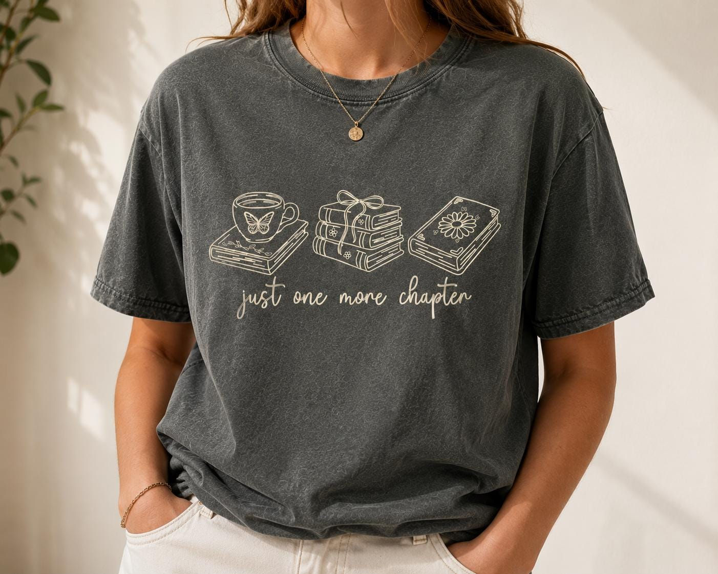Embroidered "Just One More Chapter" T-Shirt | Organic Cotton Book Lover Tee