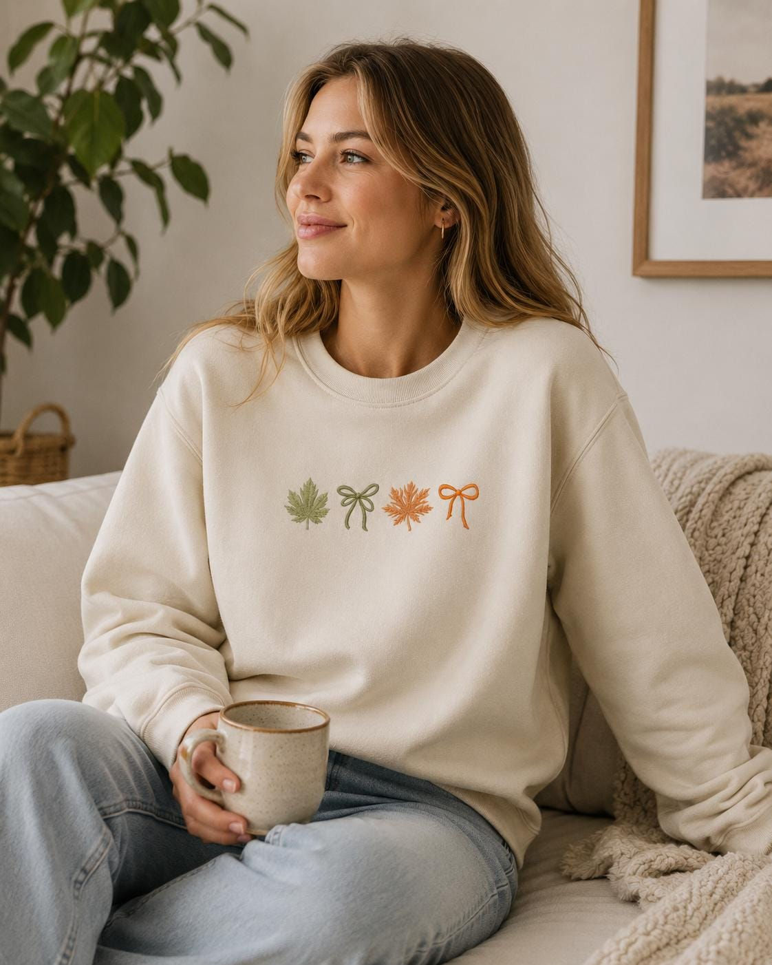 Embroidered Autumn Leaves Sweatshirt | Organic Cotton Unisex Crewneck Pullover