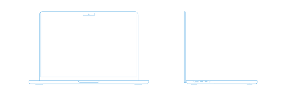 Outline of a laptop in blue on black background, showing front and side views. Simple design with a minimalistic feel.