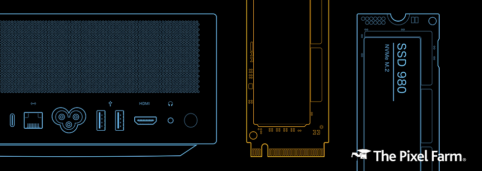 Outline of computer components in blue and yellow on black; includes ports, an SSD labeled "SSD 980 NVMe M.2", and "The Pixel Farm."