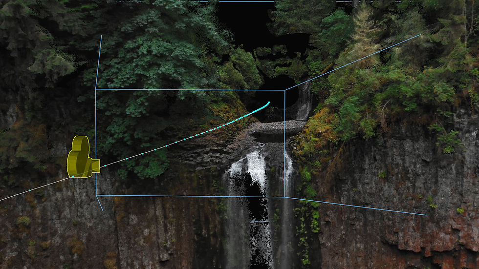 PFTrack's Hero Cloud interface showing a virtual camera moving through a dense point cloud of a waterfall.