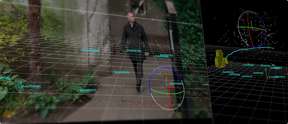 A man walks on a path surrounded by greenery. Tracking markers visible along with a ground plane.