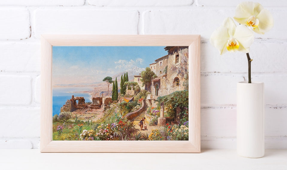 Miniatura: Alois Arnegger,Visão do Teatro em Taormina,quadro,poster,canvas,gravura,réplica,reprodução,fine art,releitura,compra,copia,