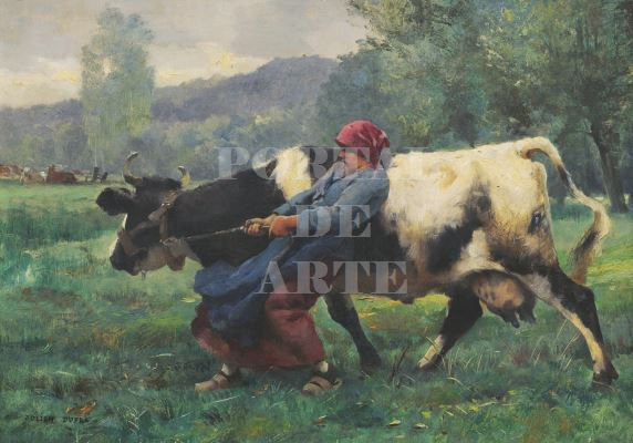 Miniatura: Julien Dupré,A Vaca Teimosa,camponesa,quadro,reprodução,poster,canvas,gravura,replica,tela,pintura,comprar,copia,obra,arte,