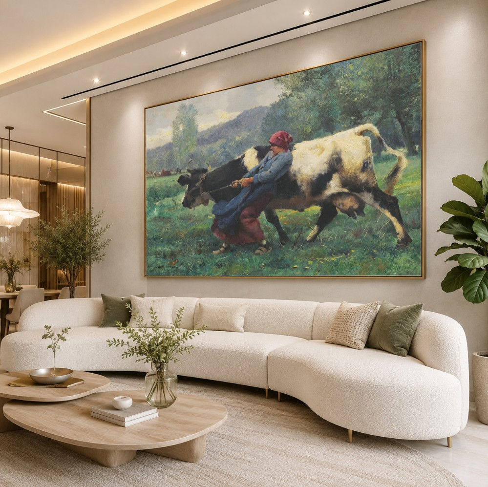 Julien Dupré,A Vaca Teimosa,camponesa,quadro,reprodução,poster,canvas,gravura,replica,tela,pintura,comprar,copia,obra,arte,