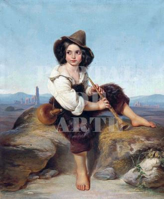 Miniatura: Leopold Pollak,Um pastorzinho tocando oboé no Aqueduto Claudia, na Campagna Romana,quadro,réplica,reprodução,canvas,poster