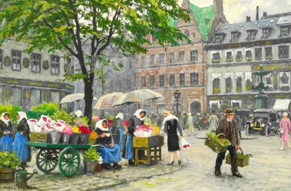 Miniatura: Paul Gustave Fischer,Mulheres Vendendo Flores no Højbro Plads,quadro,réplica,canvas,pôster,gravura
