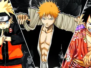 Three anime-style young men, one with blond hair, blue eyes, and an orange and black jacket; one with orange hair, brown eyes, an a black coat, and one with black hair, black eyes, and wearing a read shirt with flowers