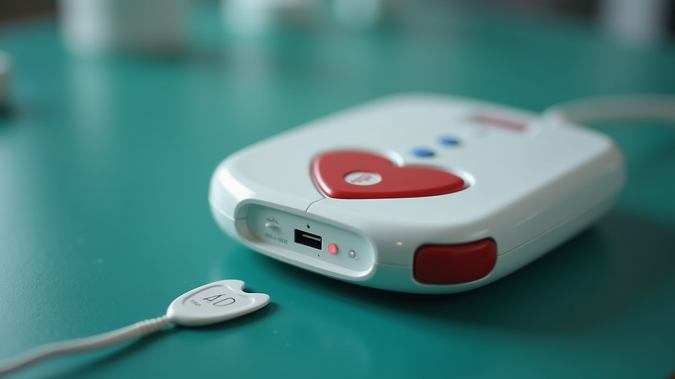Close-up view of AED device with electrode pads