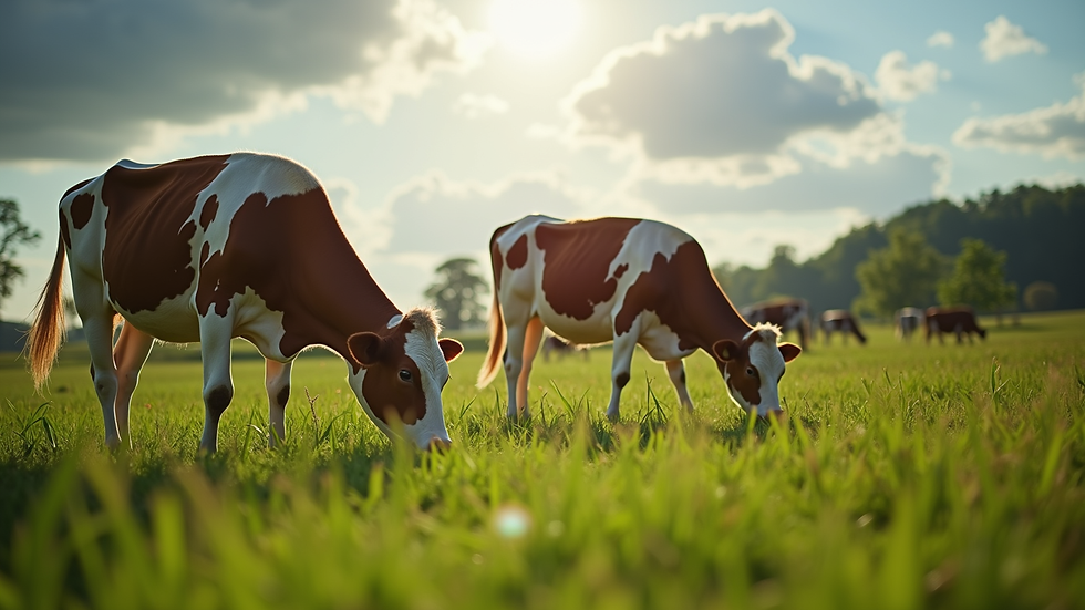 Close-up view of a lush green pasture with grazing cattle