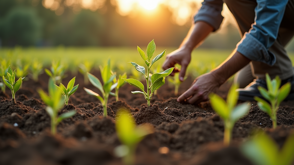 Close-up view of a farmer planting tree seedlings in a field