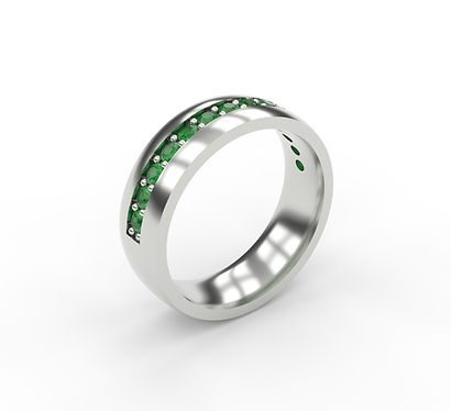 3D render of a silver band ring featuring a row of vibrant green gemstones along the top. The design showcases a sleek