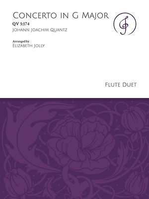 Sheet music front cover for Concerto in G Major, QV 5:174 by Johann Joachim Quantz, arranged for flute duet by Elizabeth Jolly.