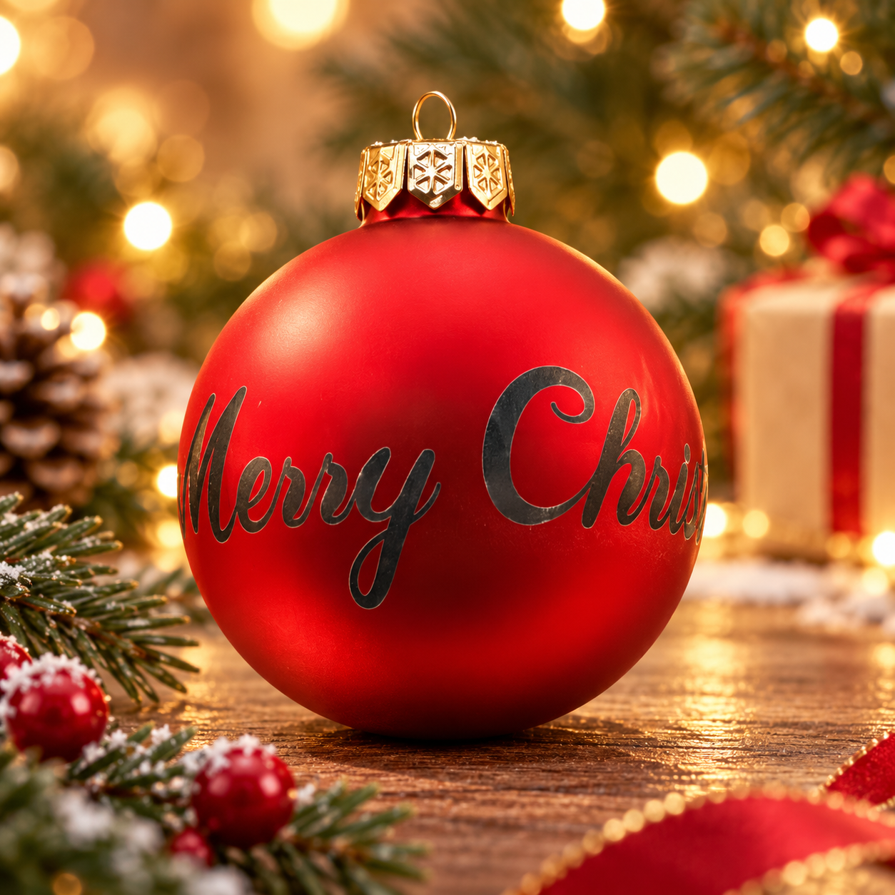 Personalisierte Christbaumkugel aus Glas „Merry Christmas“ – Rot, Ø 6 cm