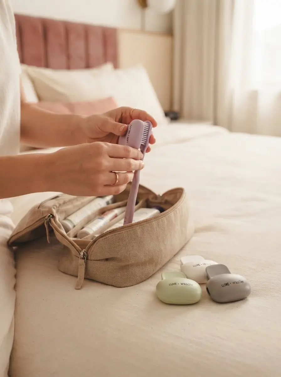 Thumbnail: Toothbrush covers protecting a toothbrush inside a travel toiletry bag for clean and hygienic storage.