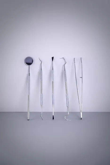 Thumbnail: Dental tools kit featuring a mirror, scaler, scraper, tweezers, and plaque remover tools for home oral hygiene.