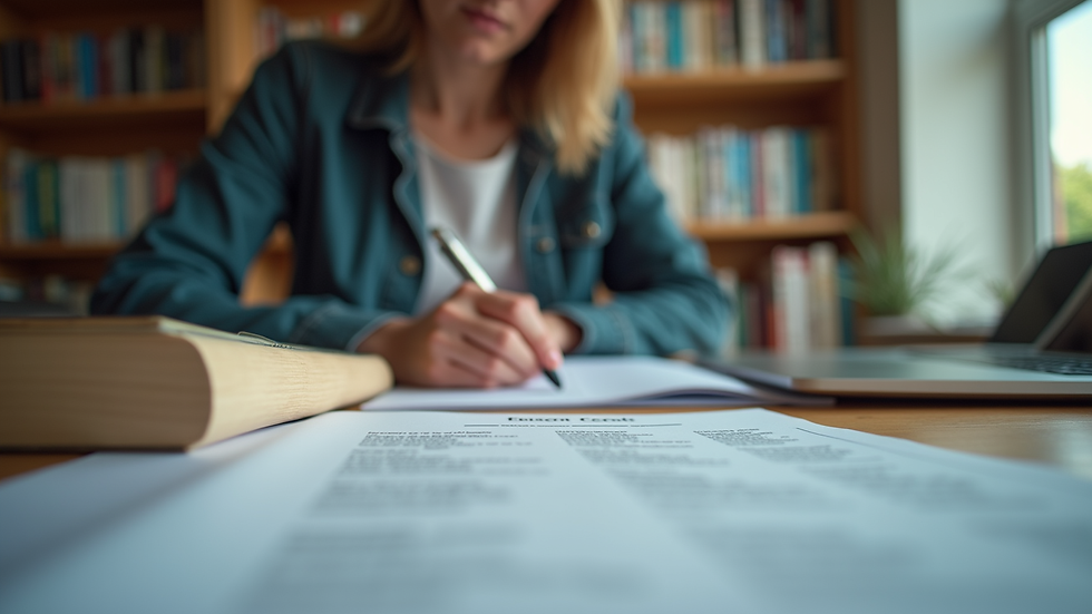 Eye-level view of a student studying career options with books and a laptop