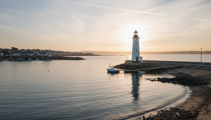 Wide-angle view of a coastal lighthouse beside a calm harbor.