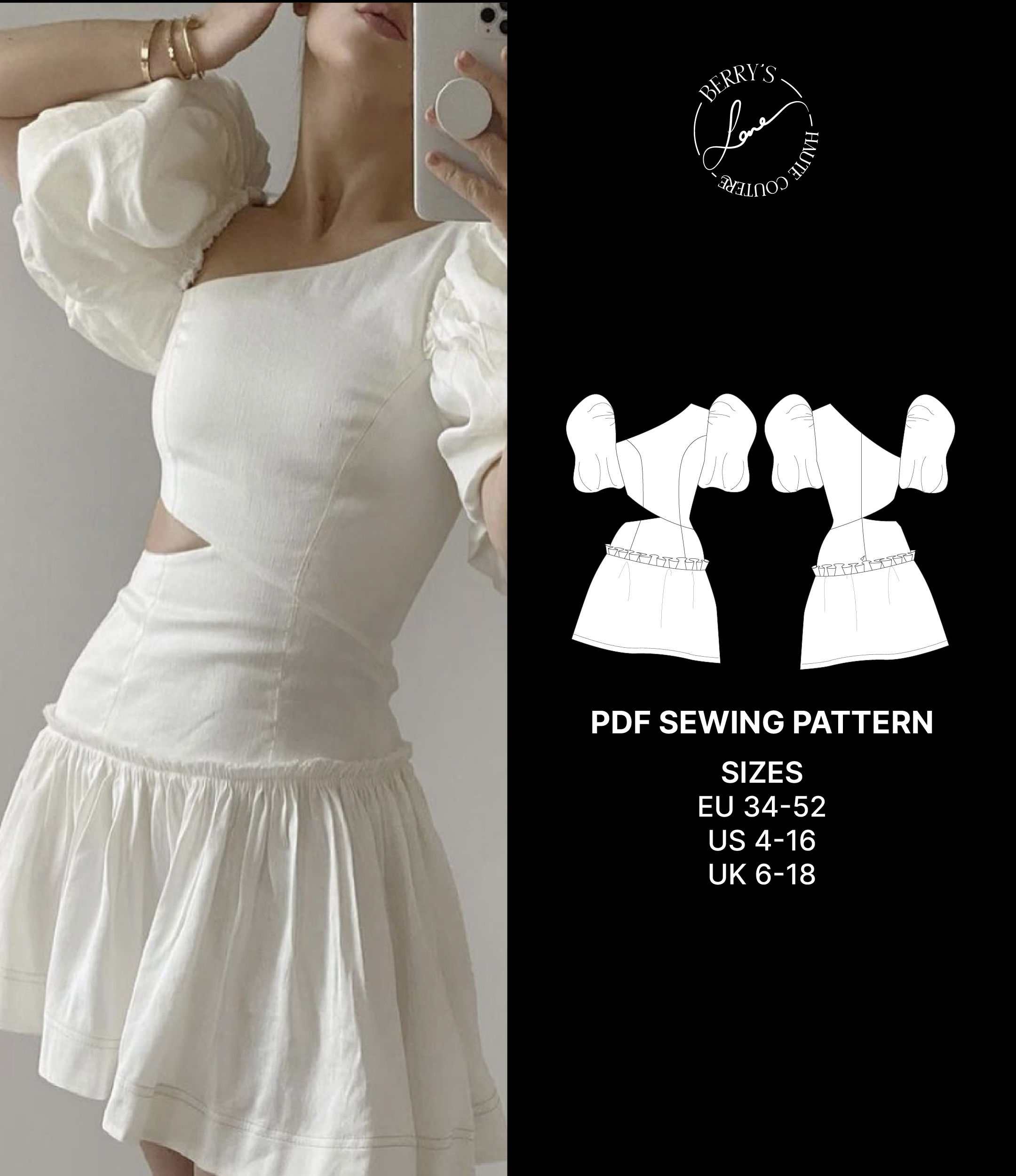 Snowflake Dress Sewing Pattern (A4-Eu 34-52/Us 4-22/ Uk 6-24)
