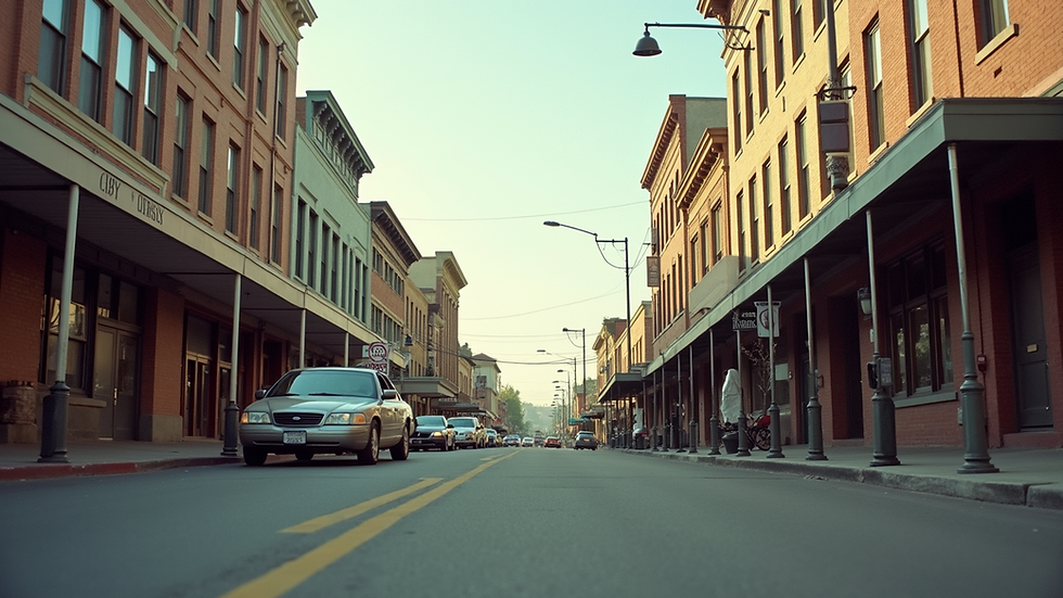 Eye-level view of historic Fresno downtown street with vintage buildings